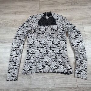Vintage Y2K Cache Womens Floral Lace Square Neck Long Sleeve Top Black White M
